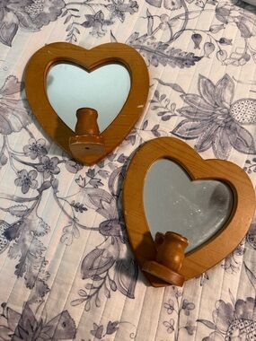 Vintage Wooden Heart Mirror Wall Sconces Candle Holders Set of 2 Rustic Cottage